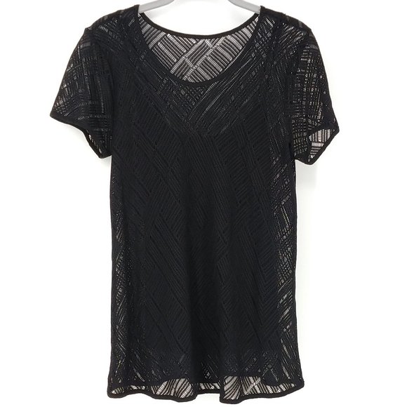 Three Dots Scoop Neck Lace Tee Black Sheer Layer S - Picture 2 of 7